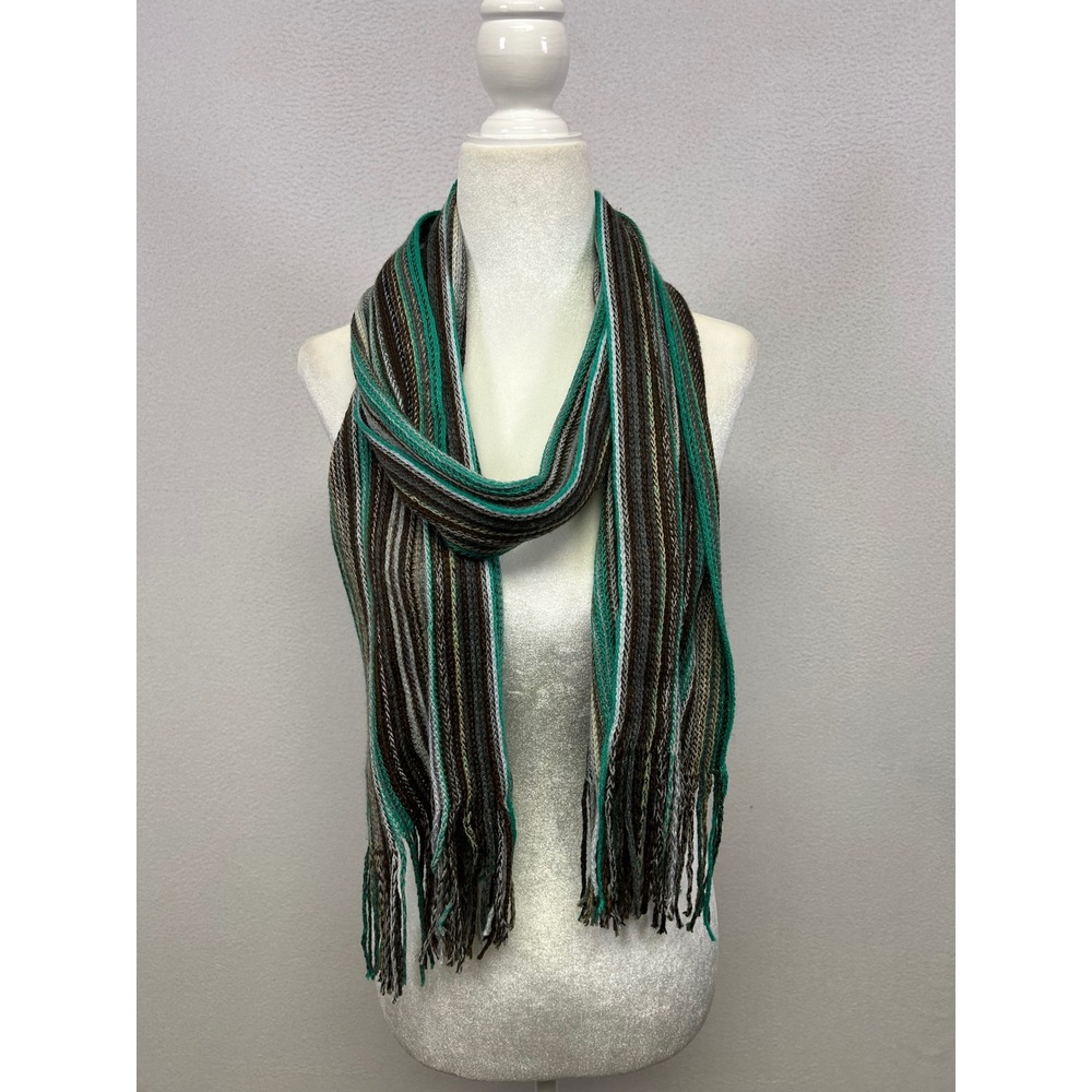 Boho Gorpcore Unisex OS Green Brown Striped Fringed Knit Scarf